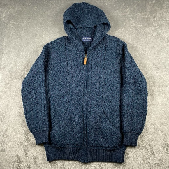 Kent Wang Other - Kent Wang Hoodie Sweater Mens L Blue Merino‎ Wool Cable Knit Speckled Full Zip